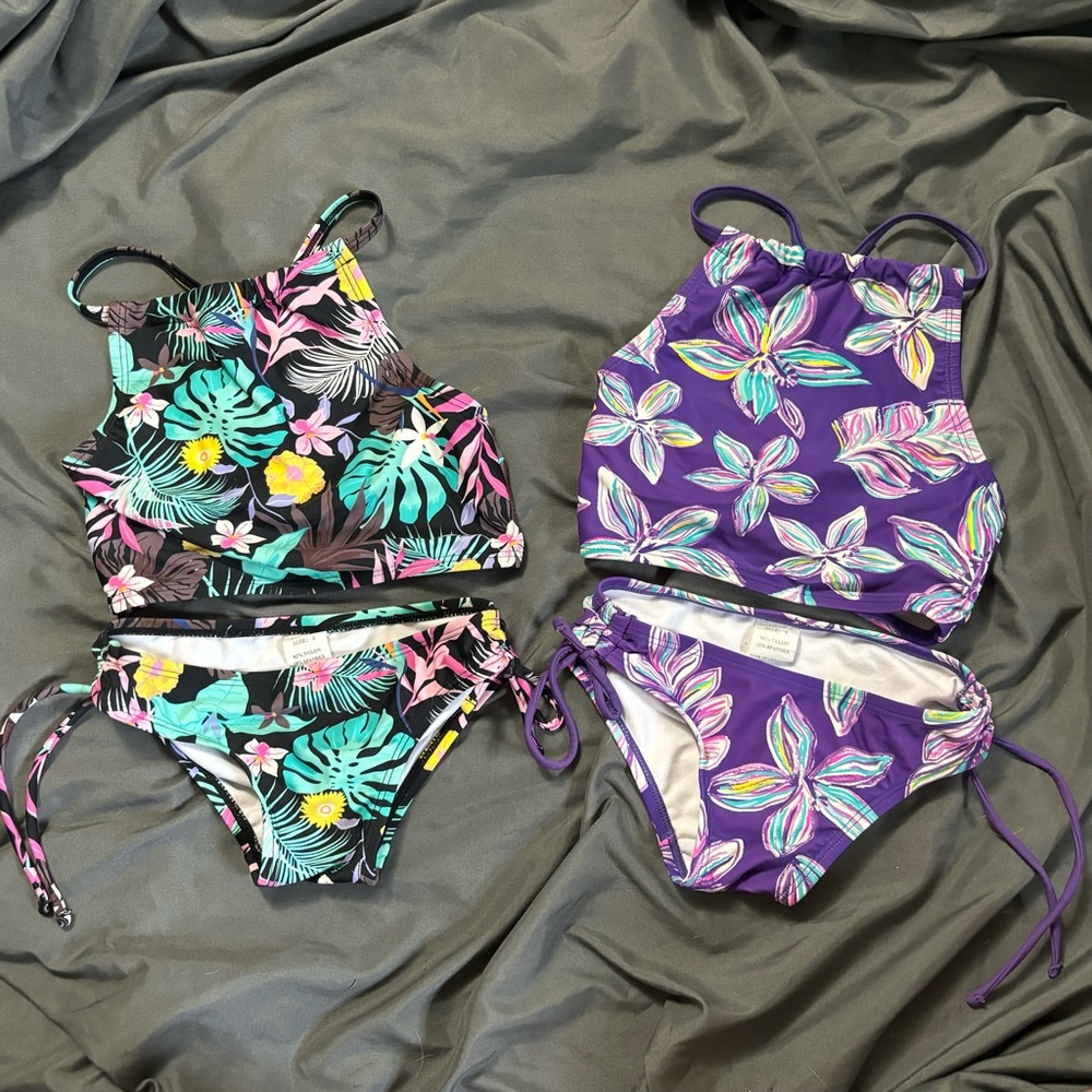 Kanu Surf Halter Tankini Set - Black and Purple Floral